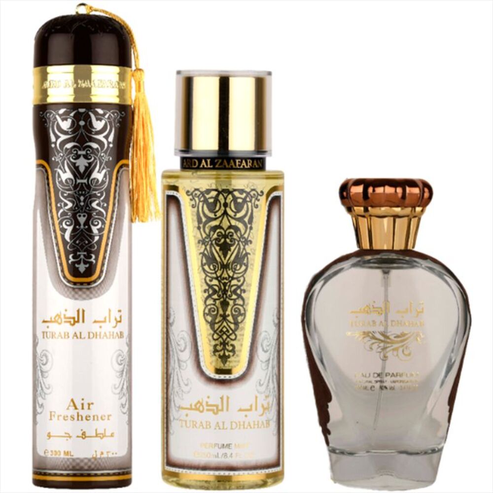 Al Zaafaran Turab Al Dhahab Women Set (3.4 EDP Spr+8.4 BM+10 Air Freshener)- New